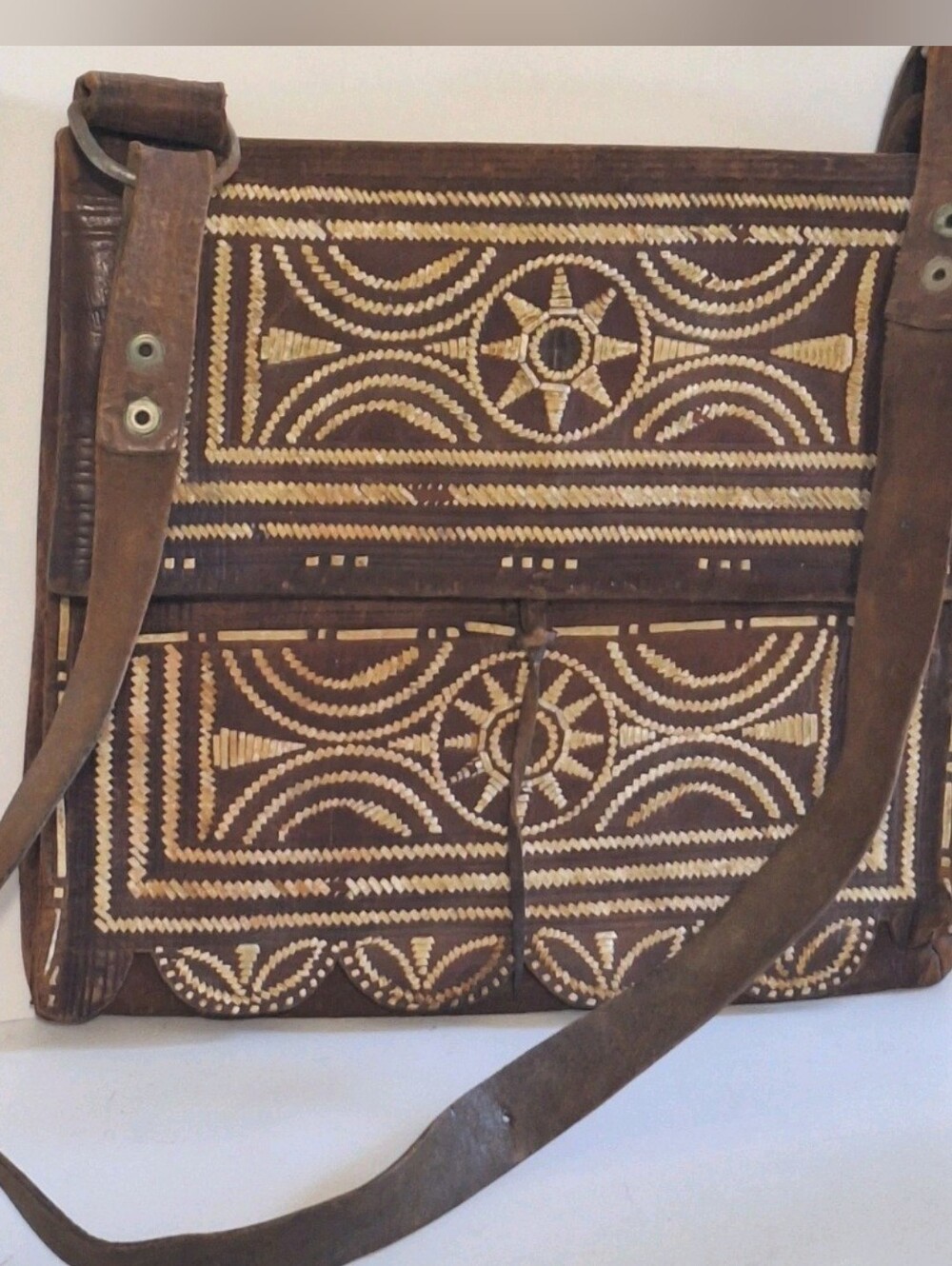Antique Handmade Hide Leather Messenger Crossbody Bag Morrocan Style Embroidery